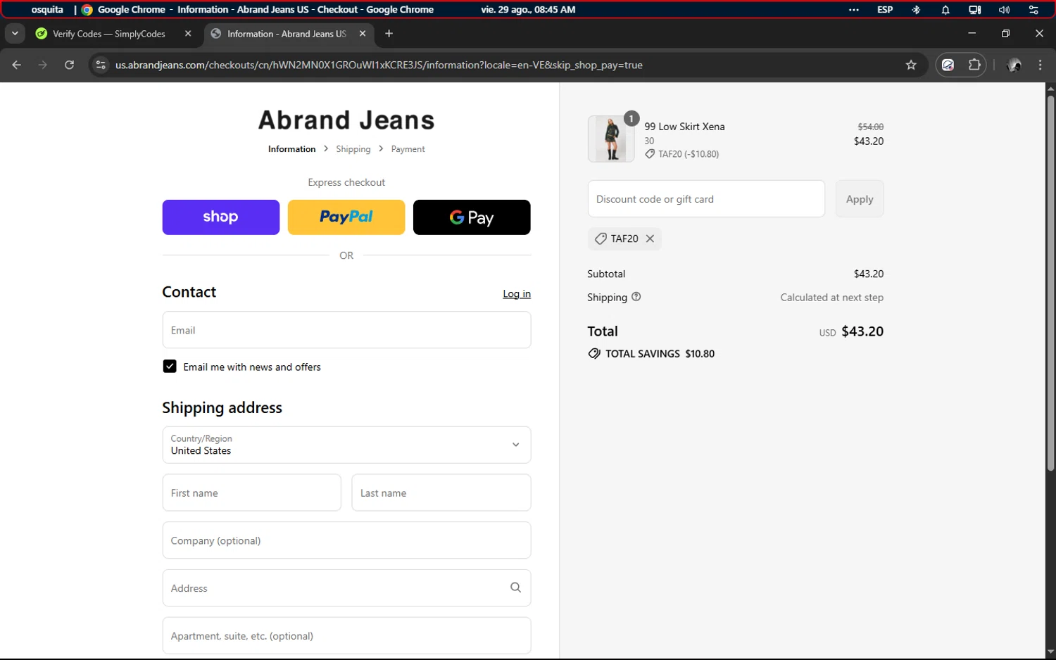 Abrand Jeans discount code screenshot showing code TAF20 applied at Abrand Jeans checkout page. Uploaded by SimplyCodes community member TUNGTUNG on Aug 29, 2025