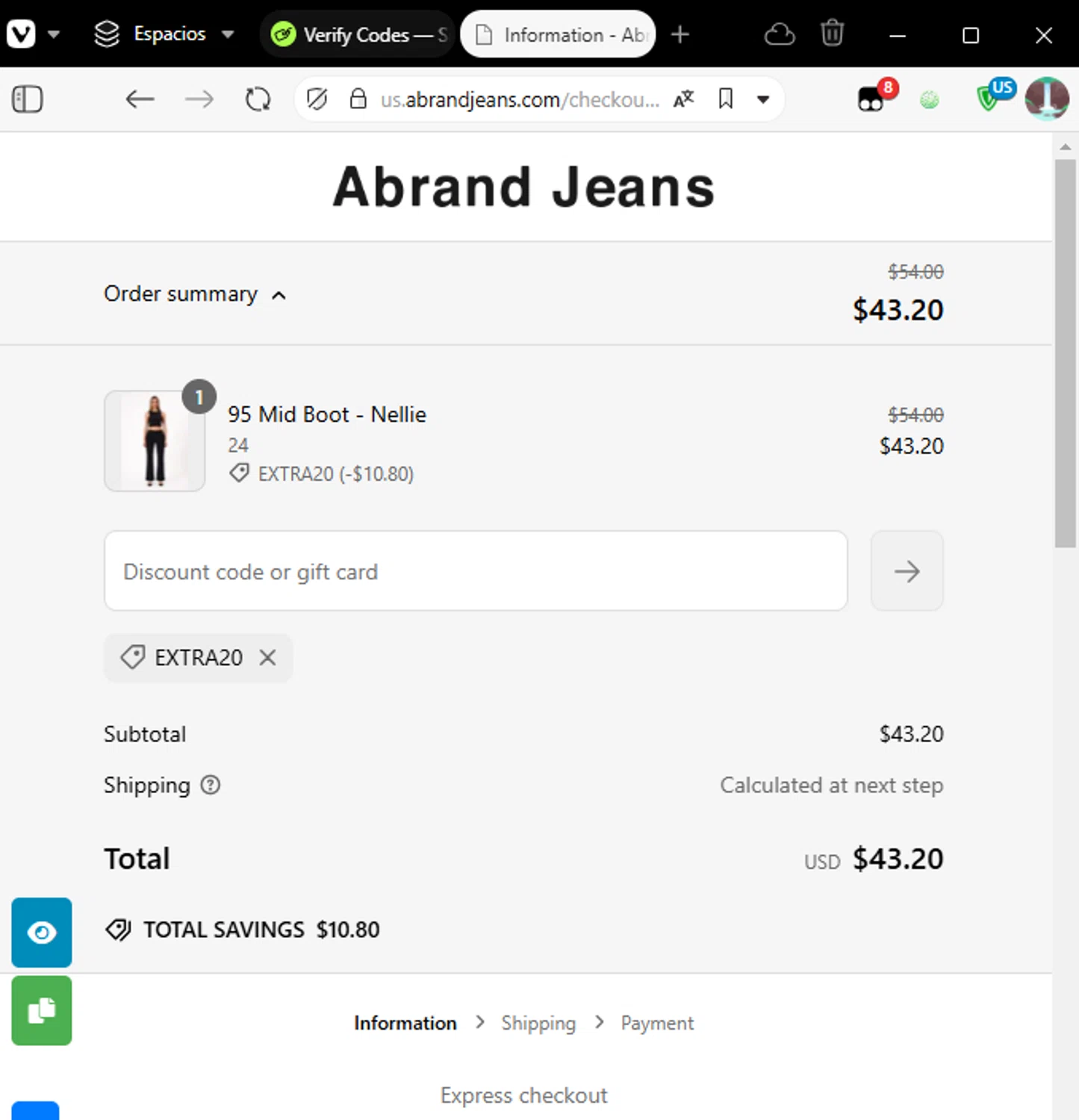 Abrand Jeans discount code screenshot showing code extra20 applied at Abrand Jeans checkout page. Uploaded by SimplyCodes community member 61664350 on Mar 5, 2025