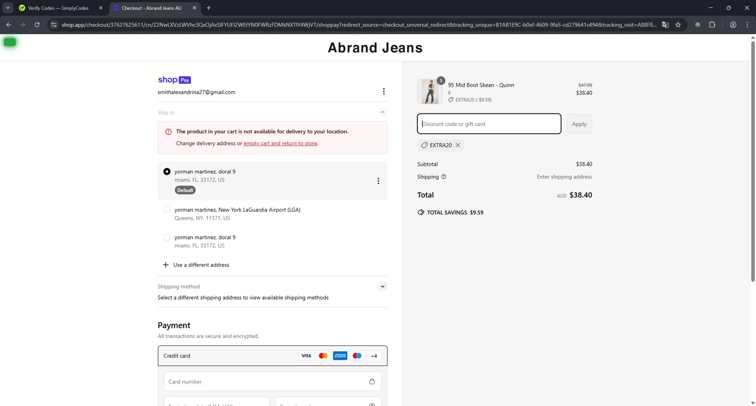 Abrand Jeans discount code screenshot showing code extra20 applied at Abrand Jeans checkout page. Uploaded by SimplyCodes community member CashSage1885 on Apr 3, 2025