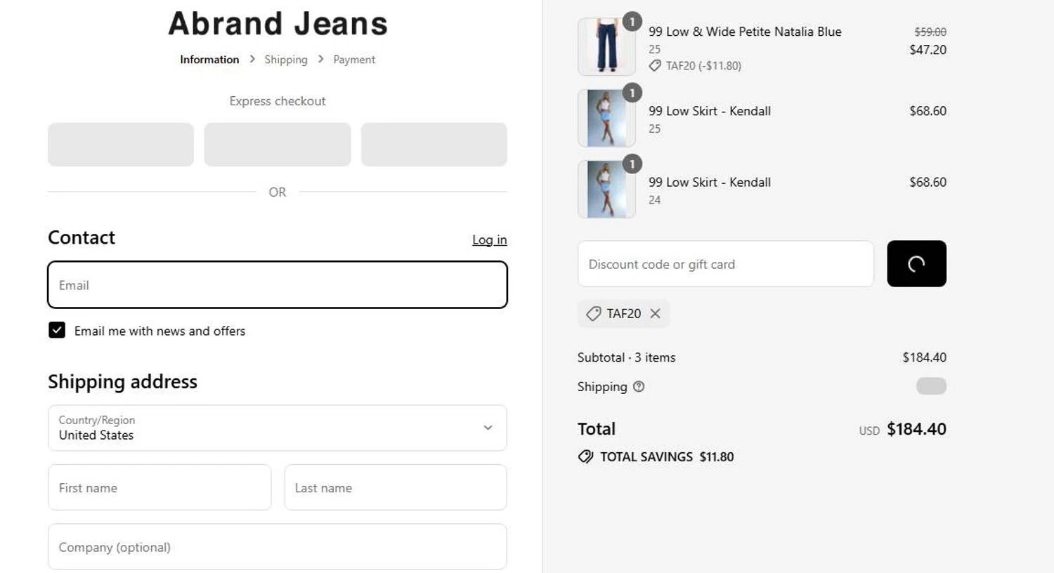 Abrand Jeans discount code screenshot showing code taf20 applied at Abrand Jeans checkout page. Uploaded by SimplyCodes community member stygian1 on Jul 2, 2025