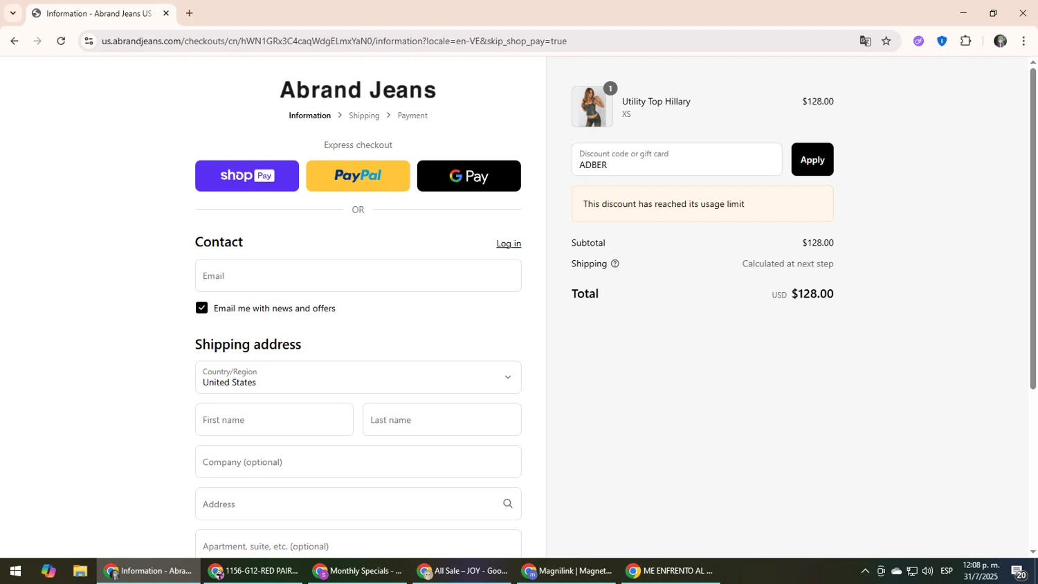 Abrand Jeans discount code screenshot showing code ADBER applied at Abrand Jeans checkout page. Uploaded by SimplyCodes community member CleverLynx6871 on Jul 31, 2025
