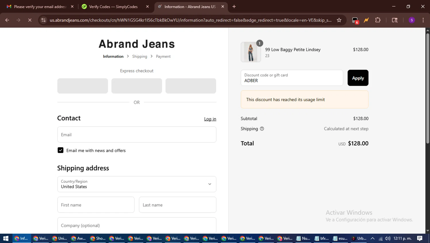 Abrand Jeans discount code screenshot showing code ADBER applied at Abrand Jeans checkout page. Uploaded by SimplyCodes community member ShieldWarden7838 on Jul 31, 2025