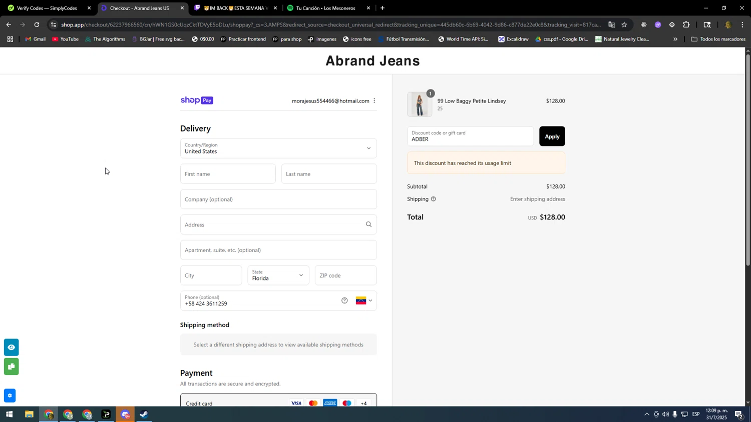 Abrand Jeans discount code screenshot showing code ADBER applied at Abrand Jeans checkout page. Uploaded by SimplyCodes community member SOOOOOOOOOOOOOOOOOOOOOOO on Jul 31, 2025