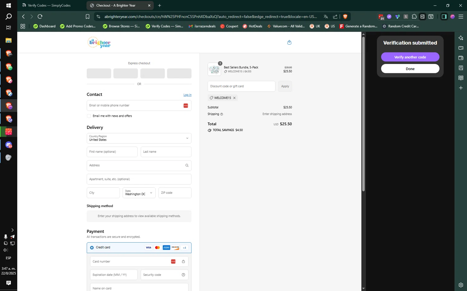 A Brighter Year promo code screenshot showing code WELCOME15 applied at A Brighter Year checkout page. Uploaded by SimplyCodes community member jMoya06 on Aug 22, 2025