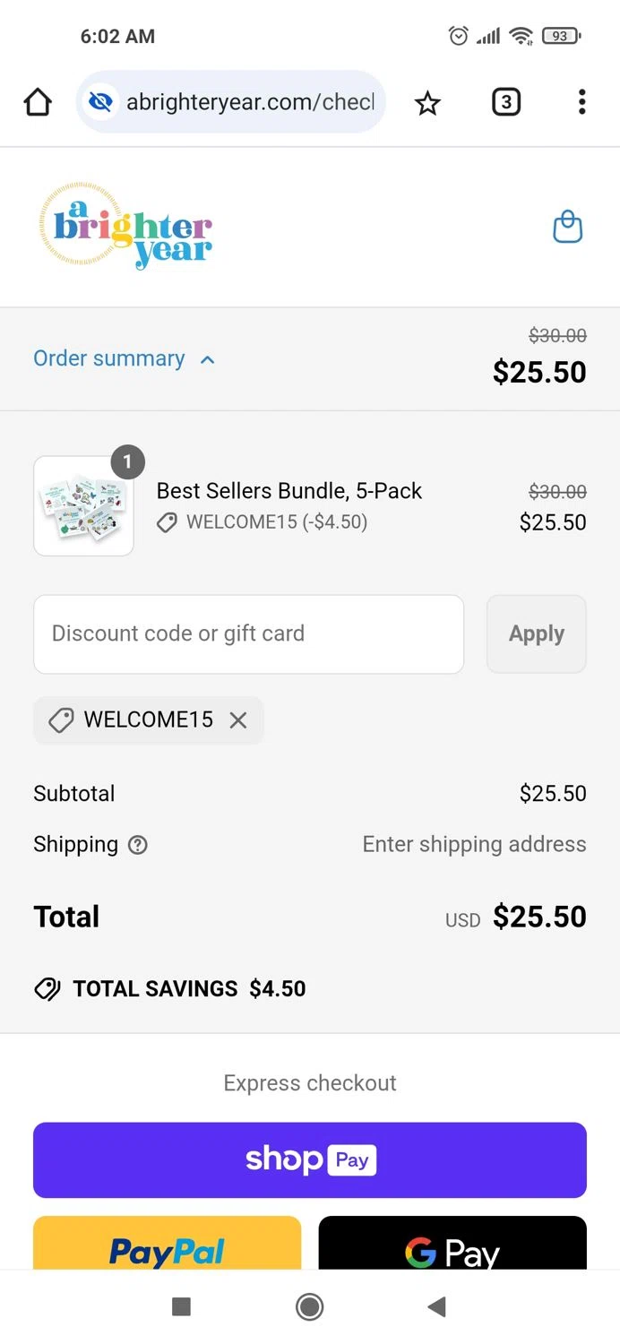 A Brighter Year promo code screenshot showing code WELCOME15 applied at A Brighter Year checkout page. Uploaded by SimplyCodes community member Piolin on May 10, 2025