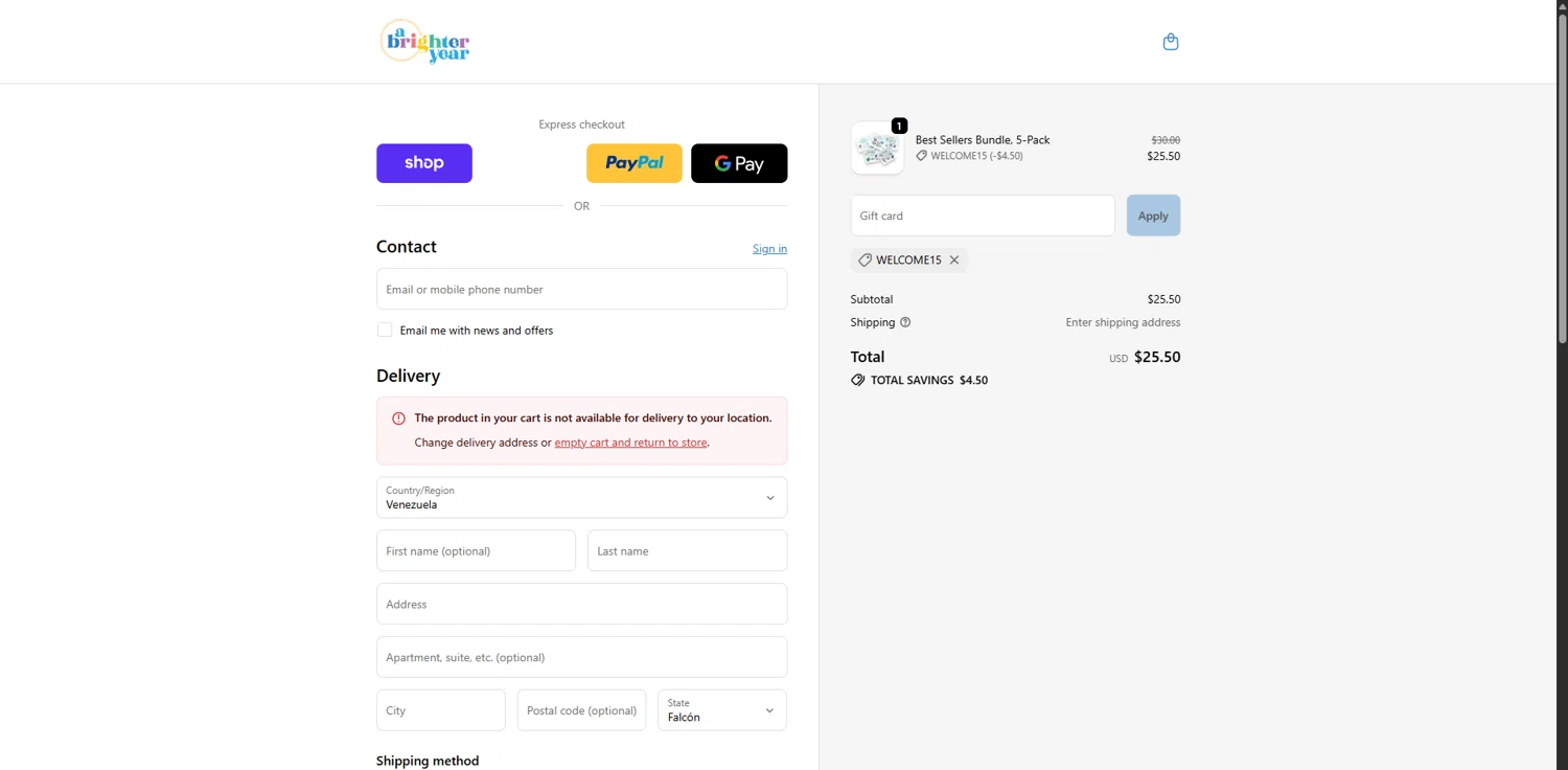 A Brighter Year promo code screenshot showing code WELCOME15 applied at A Brighter Year checkout page. Uploaded by SimplyCodes community member TreasureHero9595 on Oct 22, 2025