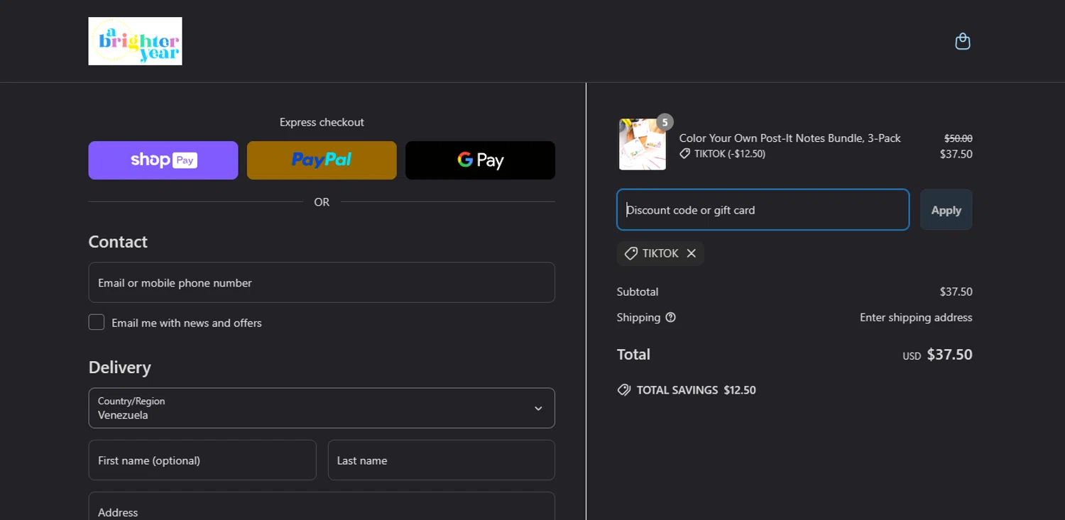 A Brighter Year promo code screenshot showing code TikTok applied at A Brighter Year checkout page. Uploaded by SimplyCodes community member DealFinder8915 on Mar 23, 2025
