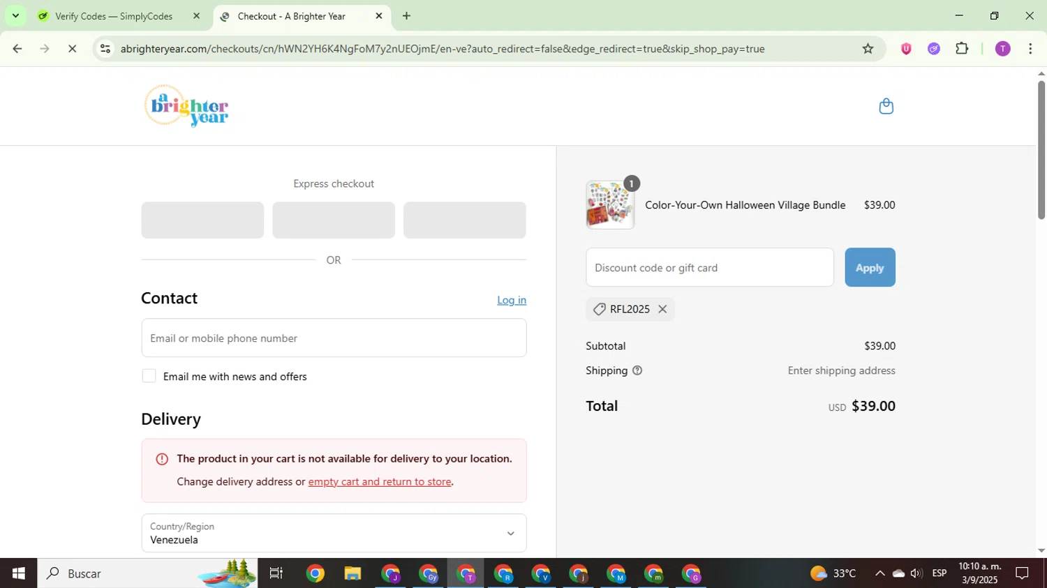 A Brighter Year promo code screenshot showing code RFL2025 applied at A Brighter Year checkout page. Uploaded by SimplyCodes community member ThriftyCurator4085 on Sep 3, 2025