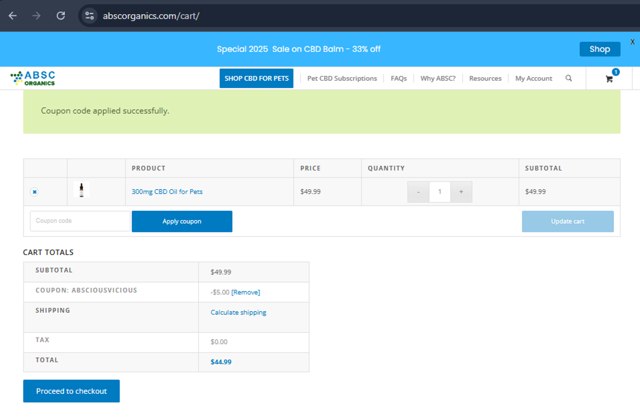 ABSC Organics checkout page showing ABSC Organics coupon code box | Screenshot taken by SimplyCodes community member on Jul 19, 2025