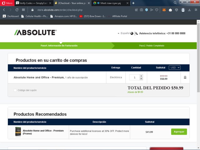 Absolute checkout page showing Absolute promo code box | Screenshot taken by SimplyCodes community member on Oct 3, 2023