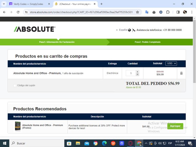 Absolute checkout page showing Absolute promo code box | Screenshot taken by SimplyCodes community member on Jan 17, 2024