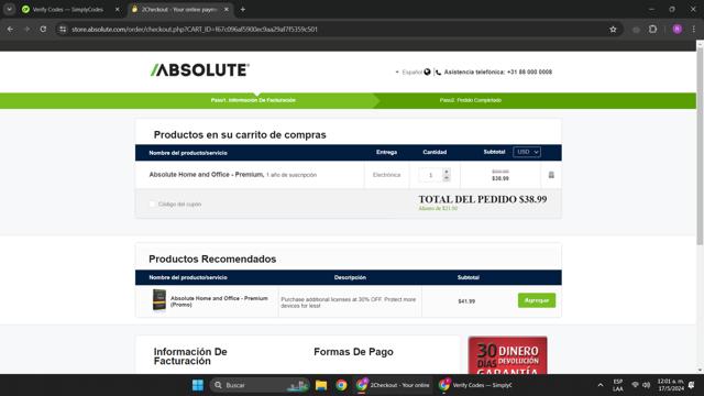 Absolute LoJack checkout page showing Absolute LoJack coupon code box | Screenshot taken by SimplyCodes community member on May 17, 2024