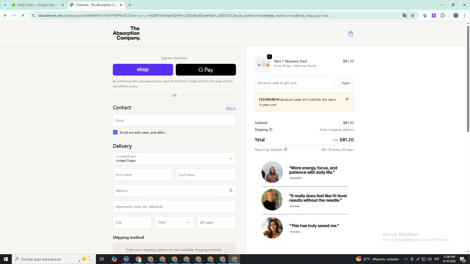 Verification screenshot for 25% Off Subscribe And Save at The Absorption Company — 46d ago