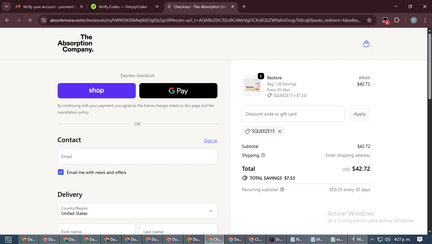 Verification screenshot for 15% Off Select Items at The Absorption Company — 6mo ago