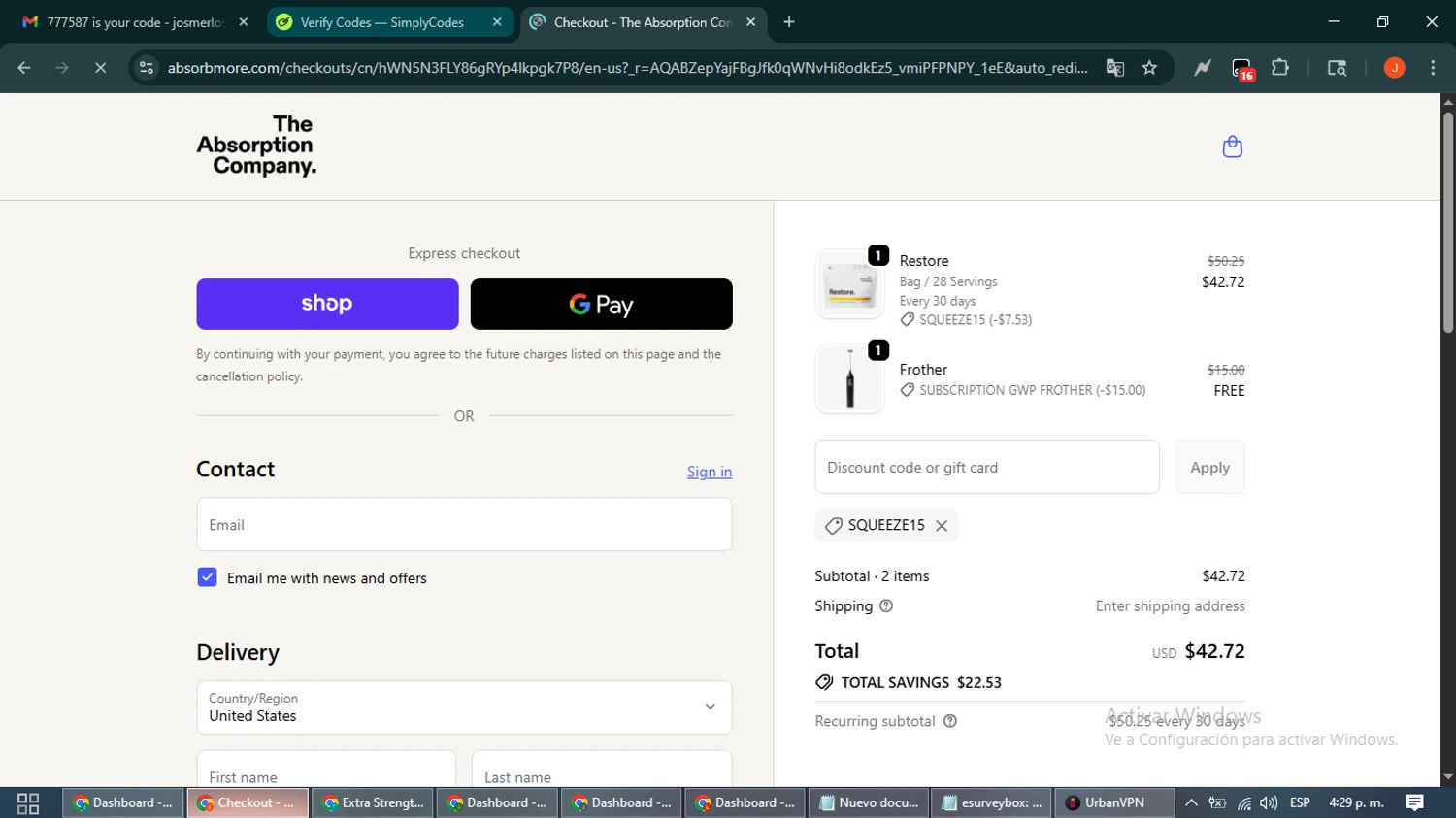 Verification screenshot for 15% Off Select Items at The Absorption Company — 6mo ago