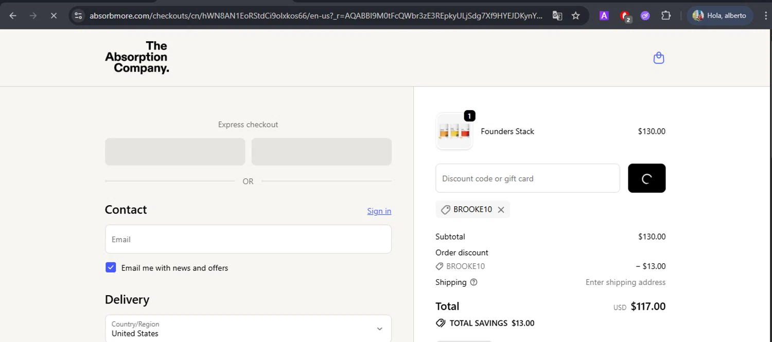 Verification screenshot for 10% Off Storewide at The Absorption Company — 4mo ago