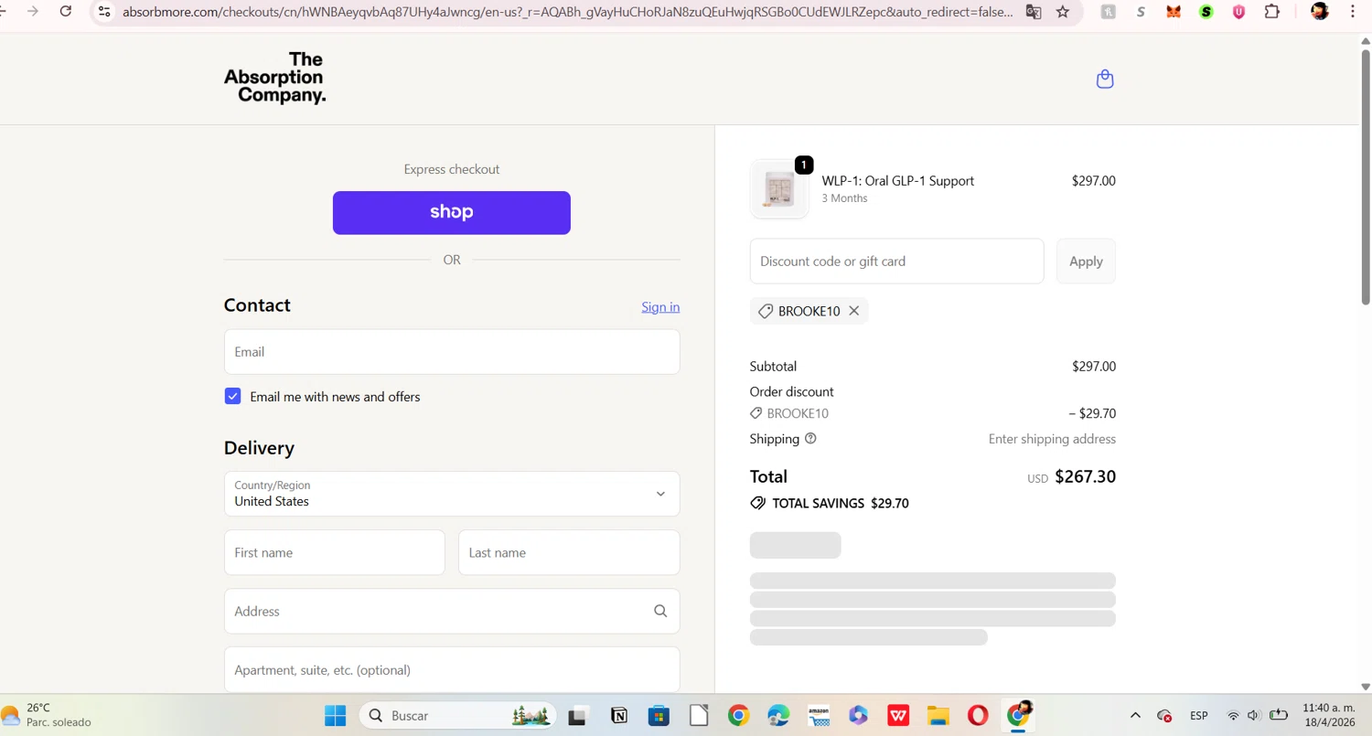 Verification screenshot for 10% Off Storewide at The Absorption Company — 46d ago
