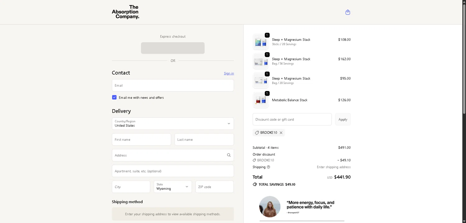 Verification screenshot for 10% Off Storewide at The Absorption Company — 40d ago