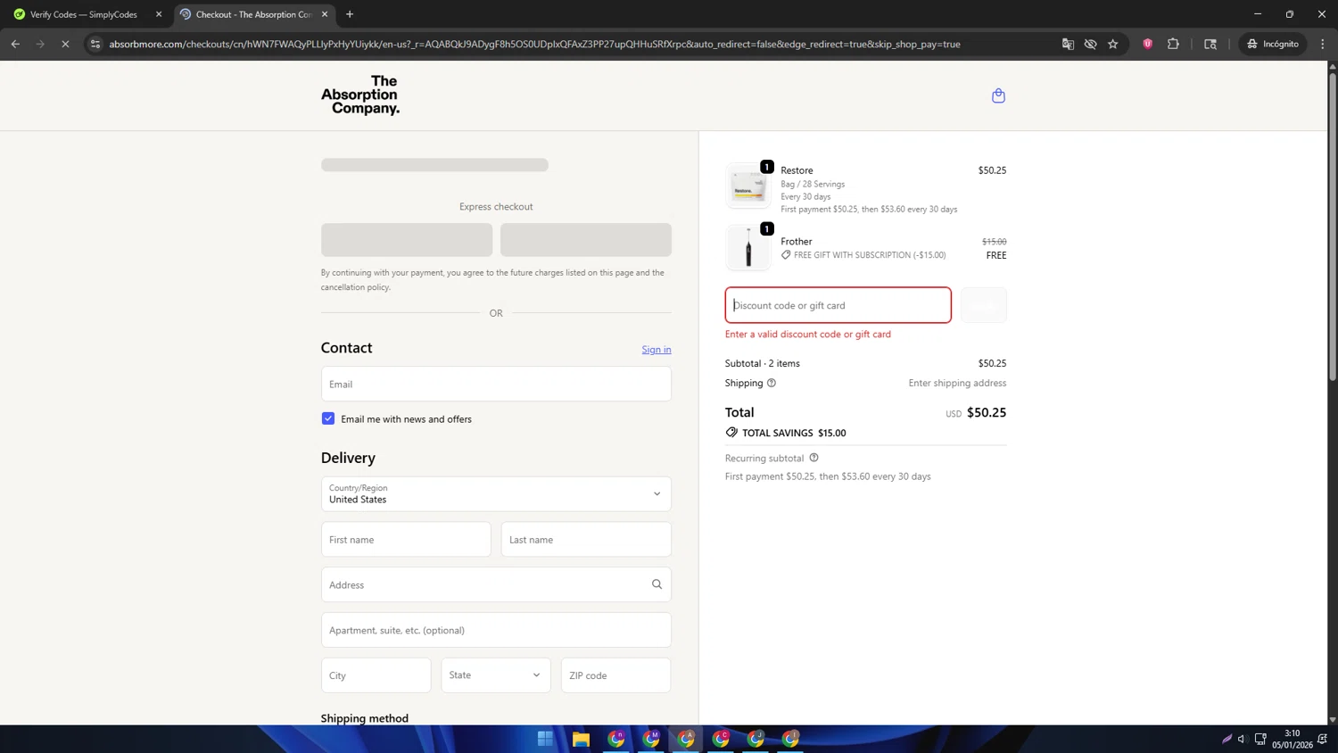 Verification screenshot for 15% Off Storewide at The Absorption Company — 4mo ago