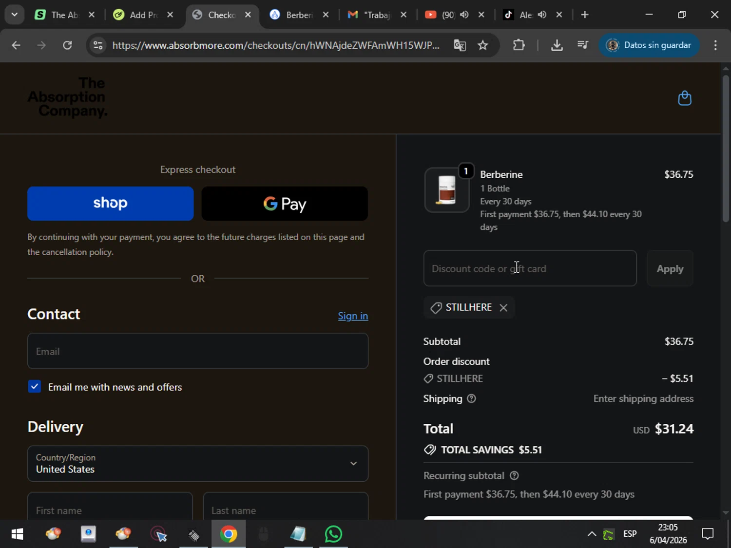 Verification screenshot for 30% Off Select Items at The Absorption Company — 57d ago