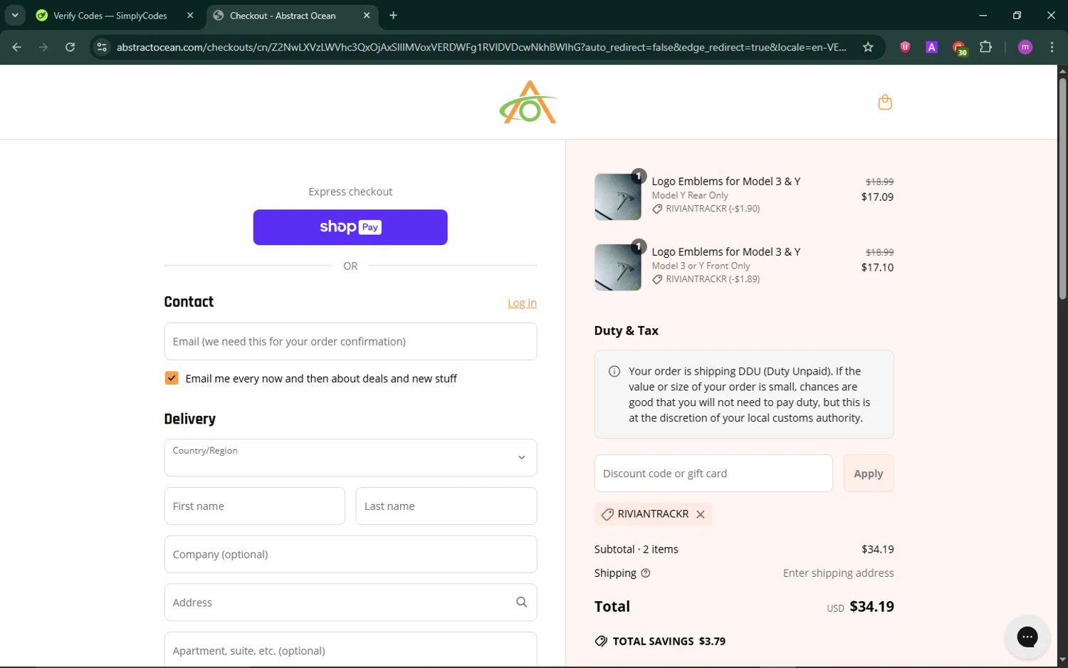 Abstract Ocean discount code screenshot showing code RIVIANTRACKR applied at Abstract Ocean checkout page. Uploaded by SimplyCodes community member TokenChaser4876 on Jun 24, 2025