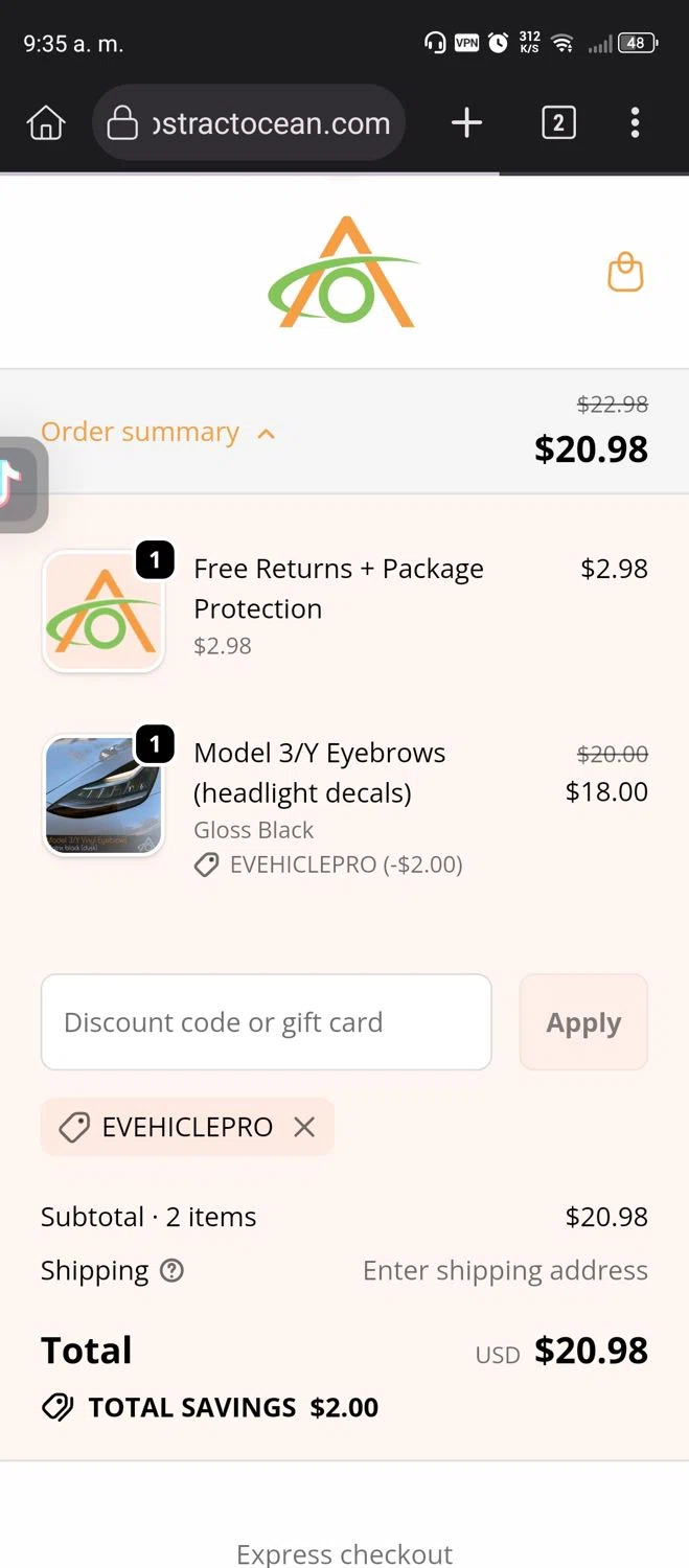 Abstract Ocean promo code screenshot showing code EVEHICLEPRO applied at Abstract Ocean checkout page. Uploaded by SimplyCodes community member Diego_Soto on Dec 21, 2025