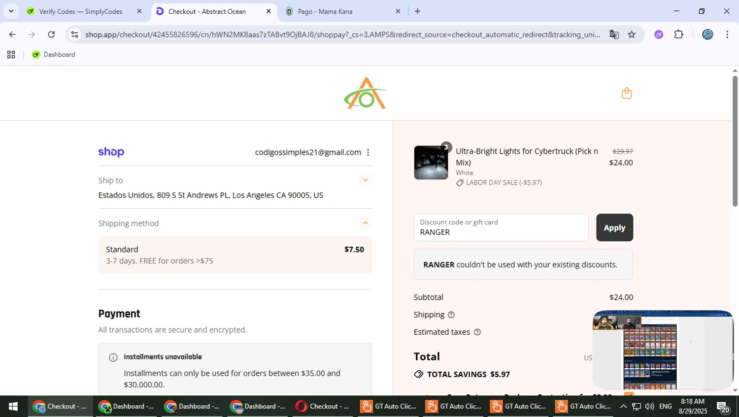 Abstract Ocean discount code screenshot showing code RANGER applied at Abstract Ocean checkout page. Uploaded by SimplyCodes community member Suicune on Aug 29, 2025