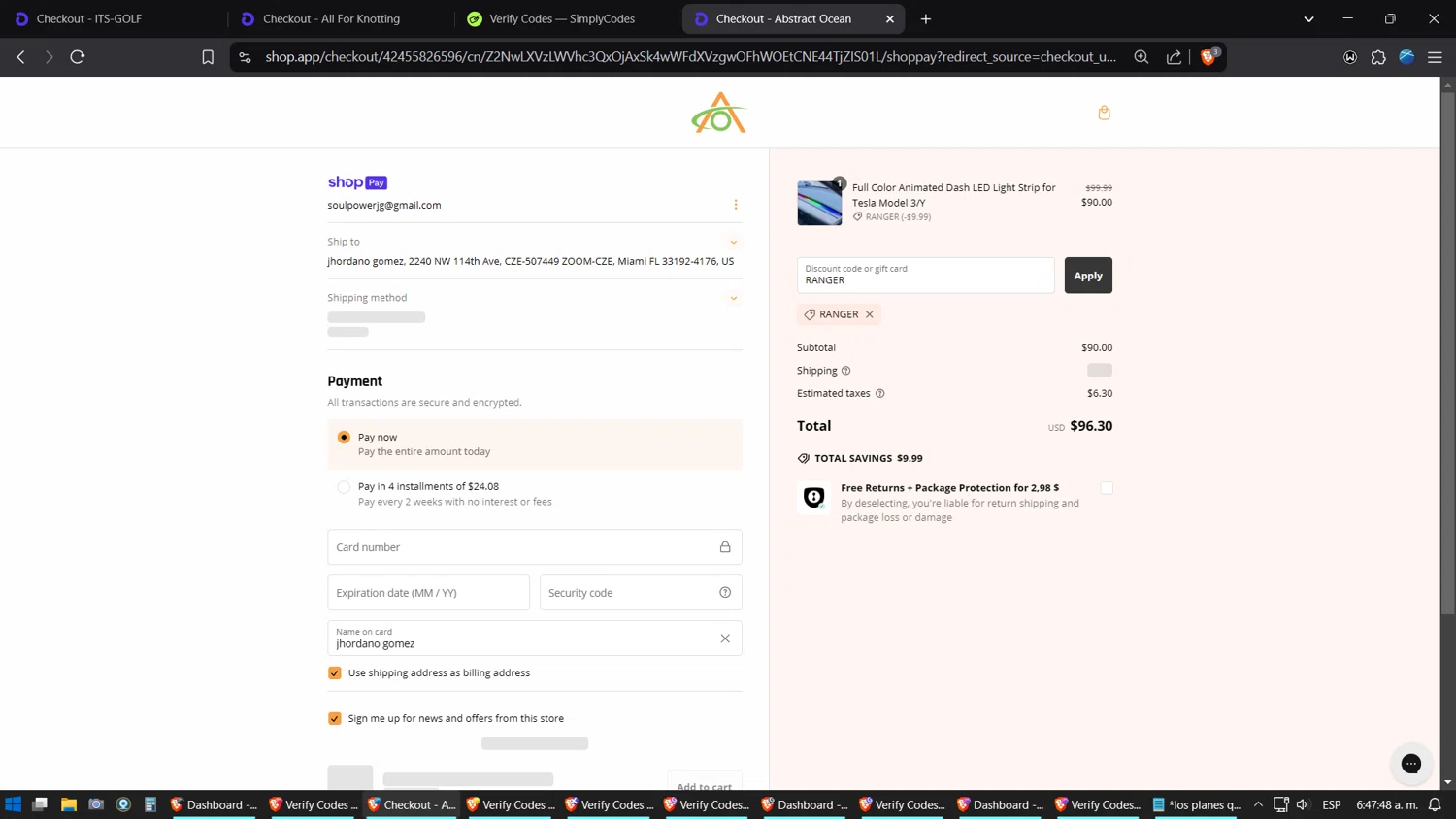 Abstract Ocean discount code screenshot showing code RANGER applied at Abstract Ocean checkout page. Uploaded by SimplyCodes community member Jgomez on Feb 26, 2025