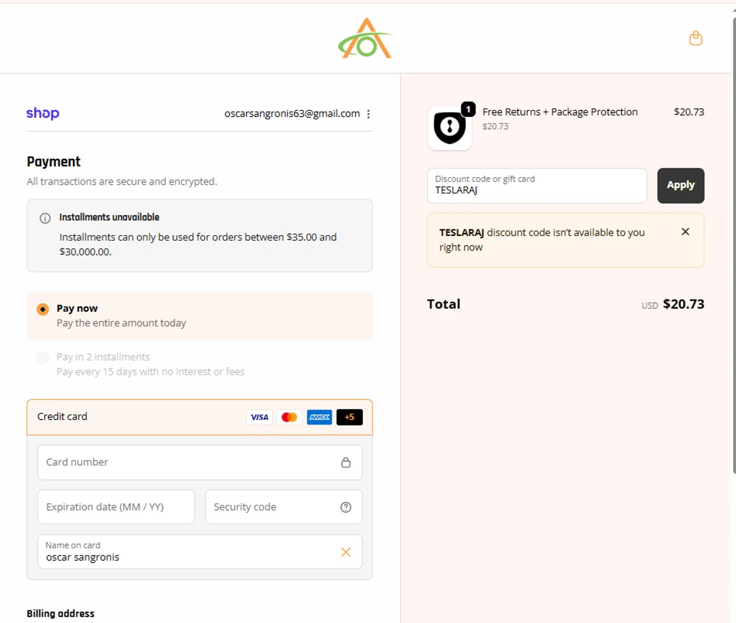 Abstract Ocean discount code screenshot showing code TESLARAJ applied at Abstract Ocean checkout page. Uploaded by SimplyCodes community member La_Cara_Mia on Oct 1, 2025