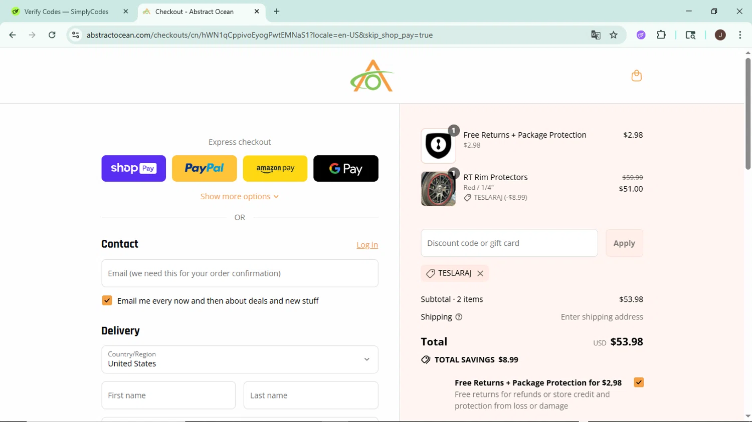 Abstract Ocean discount code screenshot showing code TESLARAJ applied at Abstract Ocean checkout page. Uploaded by SimplyCodes community member LegendaryAce8627 on Aug 15, 2025