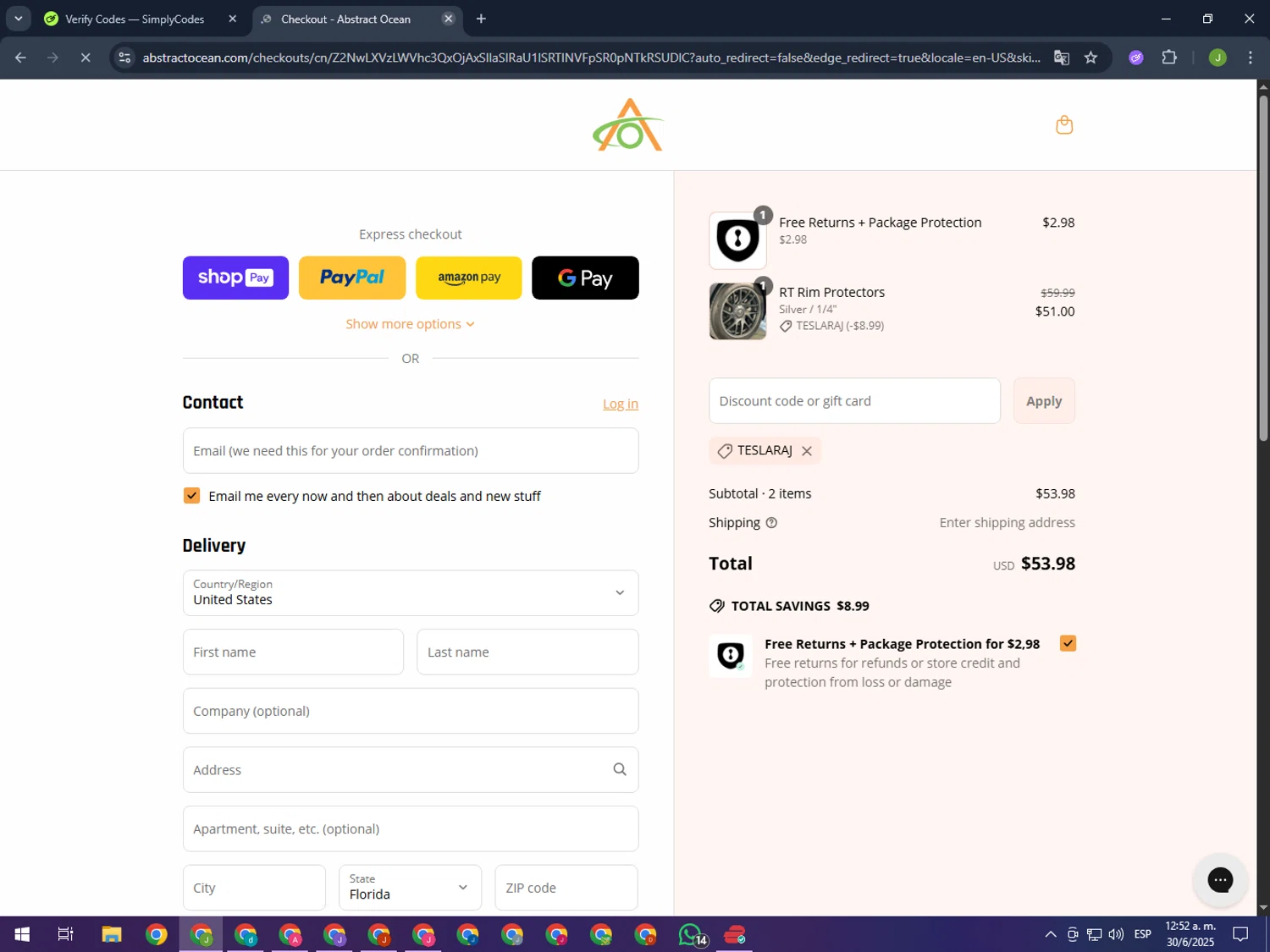 Abstract Ocean discount code screenshot showing code TESLARAJ applied at Abstract Ocean checkout page. Uploaded by SimplyCodes community member MightyFinder1041 on Jun 30, 2025