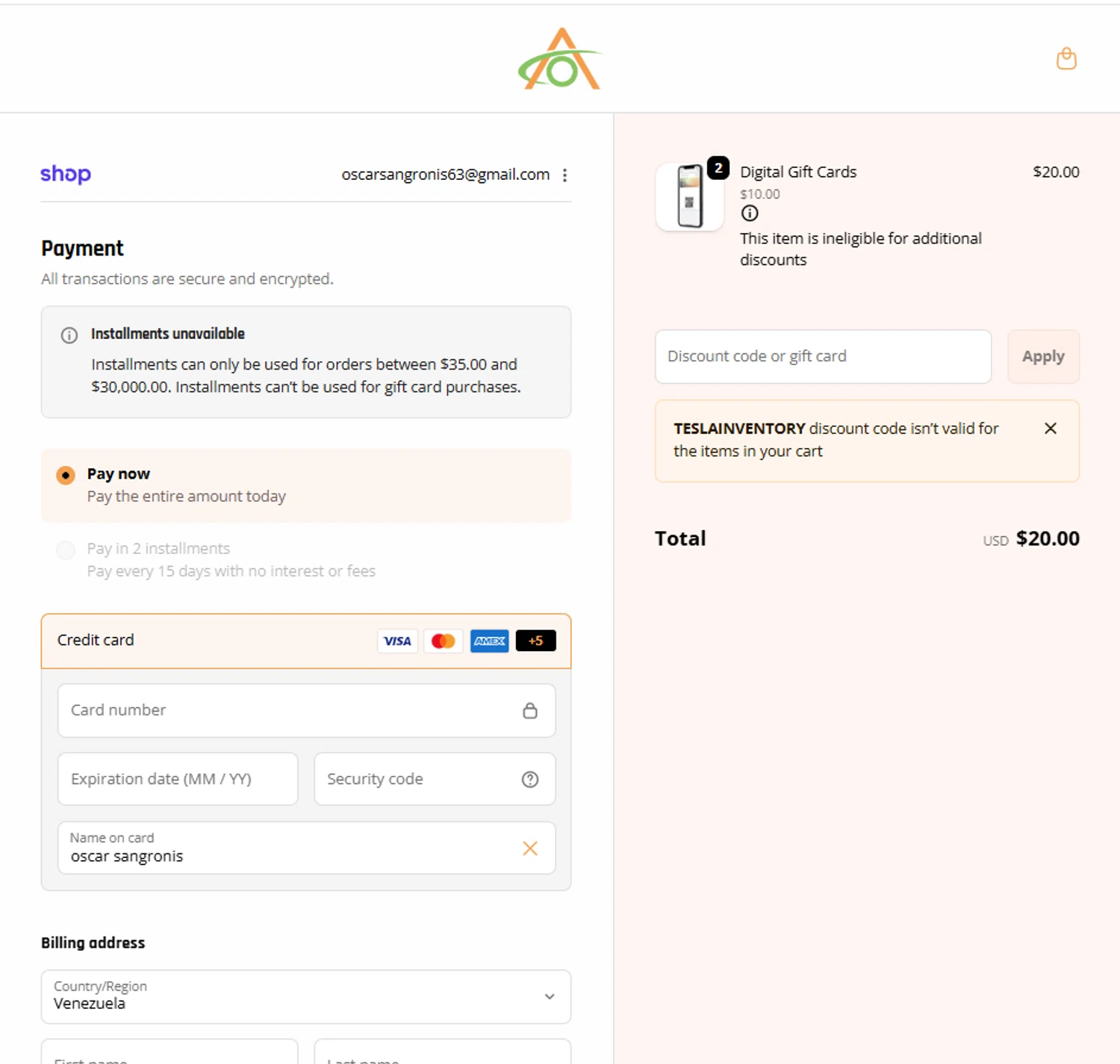 Abstract Ocean discount code screenshot showing code Teslainventory applied at Abstract Ocean checkout page. Uploaded by SimplyCodes community member Frionel_Pessi on Dec 26, 2025