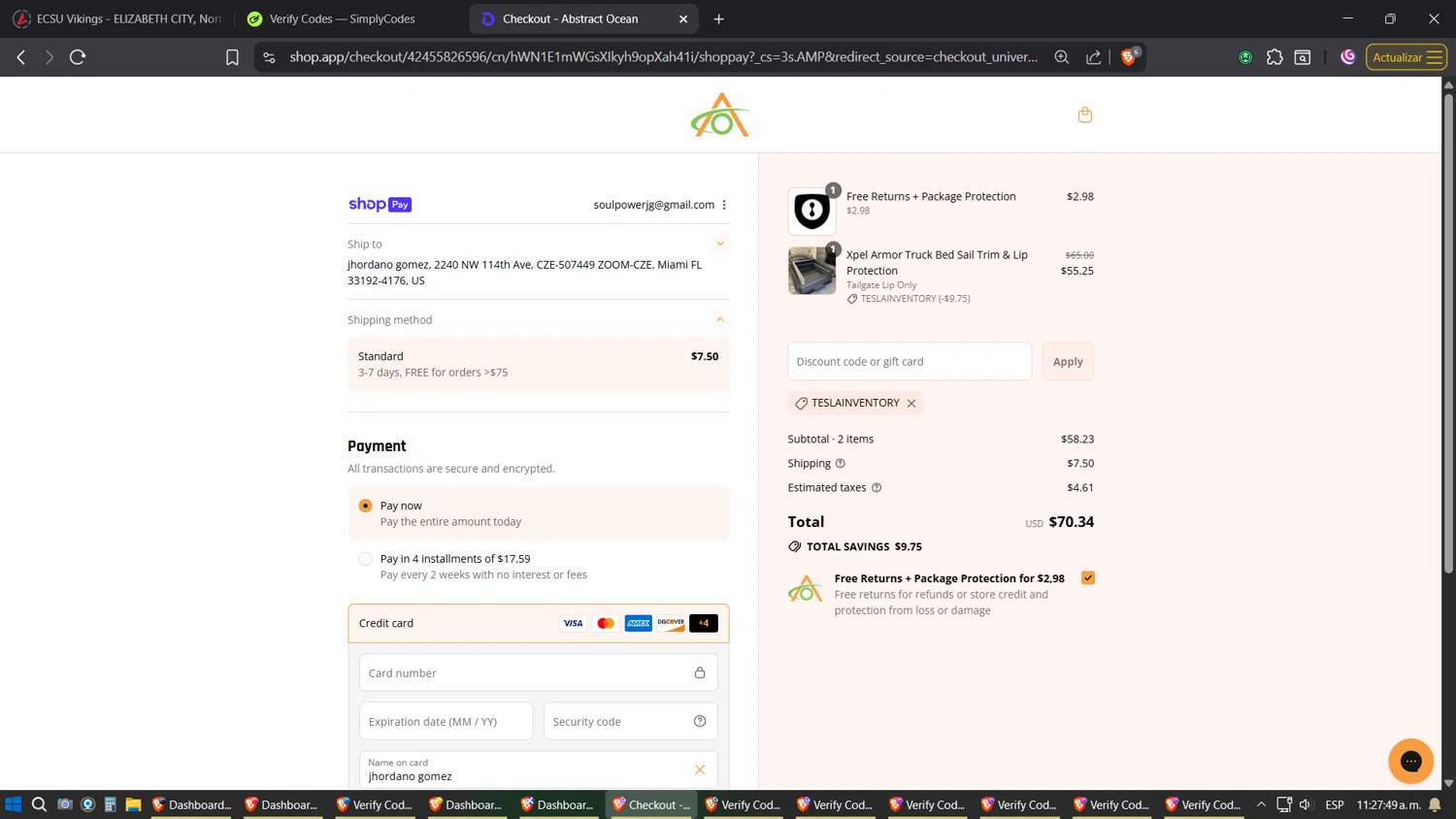 Abstract Ocean discount code screenshot showing code Teslainventory applied at Abstract Ocean checkout page. Uploaded by SimplyCodes community member Phoenix on Jul 30, 2025