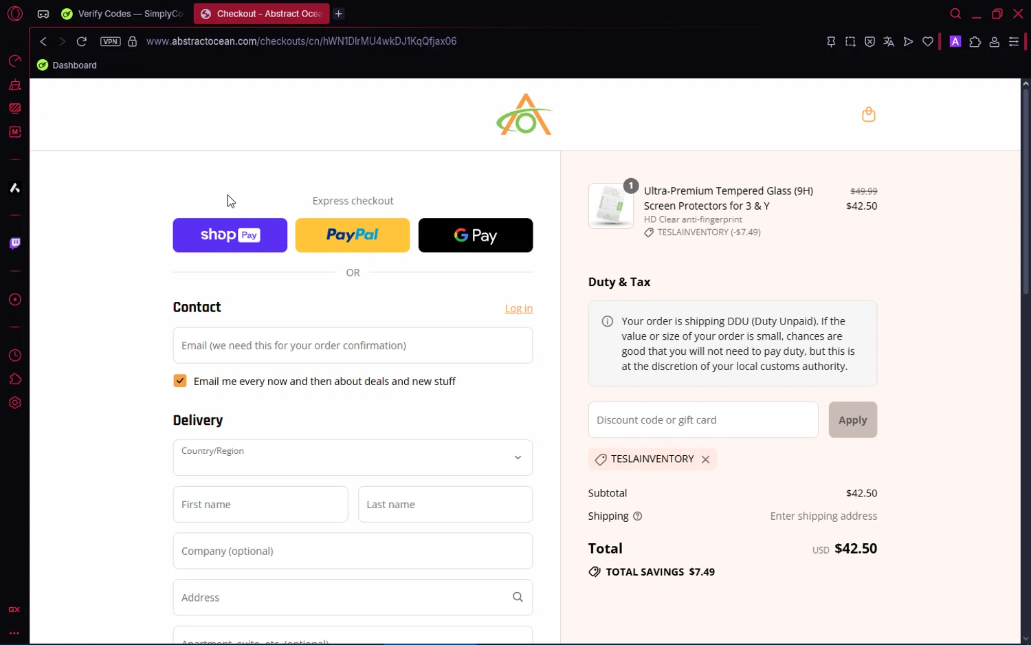 Abstract Ocean discount code screenshot showing code Teslainventory applied at Abstract Ocean checkout page. Uploaded by SimplyCodes community member number_1 on Jul 30, 2025
