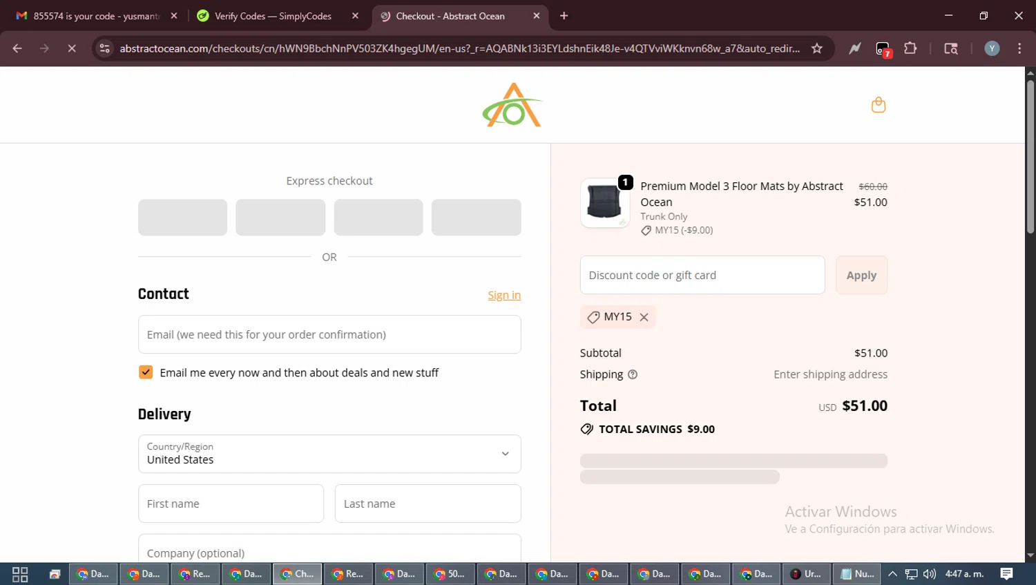 Abstract Ocean promo code screenshot showing code MY15 applied at Abstract Ocean checkout page. Uploaded by SimplyCodes community member MoneyTiger5162 on Feb 25, 2026