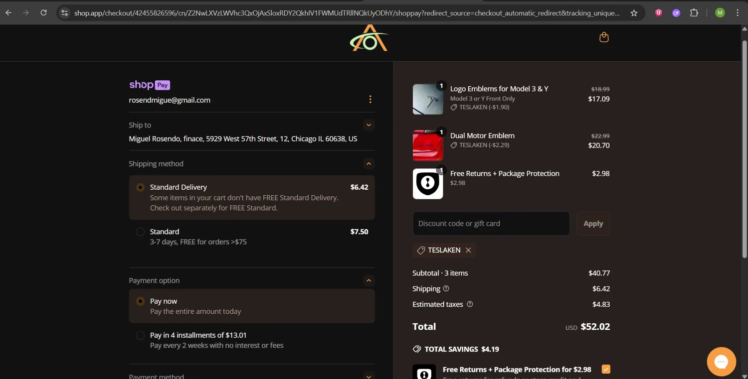Abstract Ocean discount code screenshot showing code TESLAKEN applied at Abstract Ocean checkout page. Uploaded by SimplyCodes community member ScanHunter7116 on Jun 30, 2025