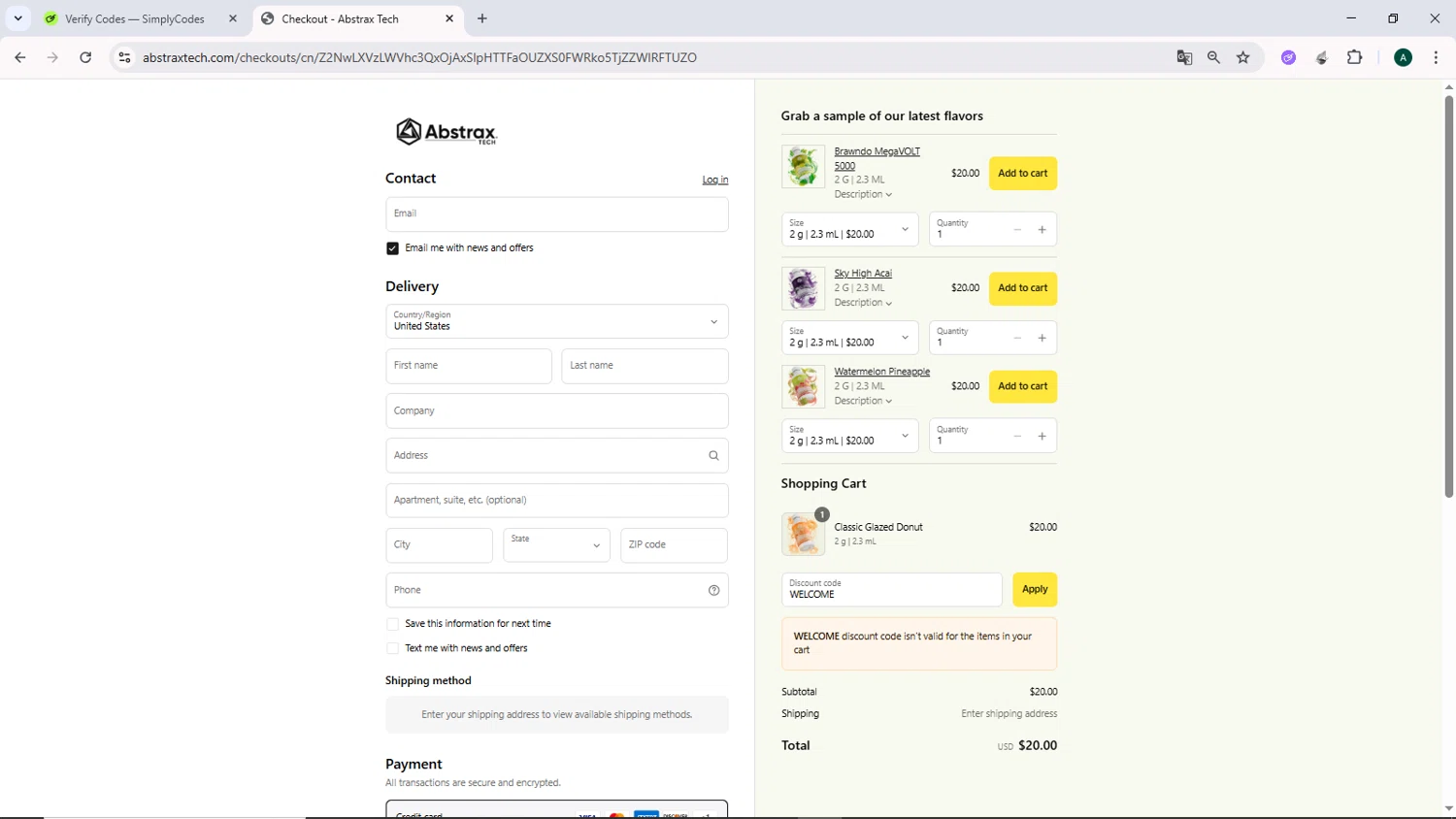 Abstrax Tech discount code screenshot showing code WELCOME applied at Abstrax Tech checkout page. Uploaded by SimplyCodes community member DiscountCurator2907 on Jul 6, 2025