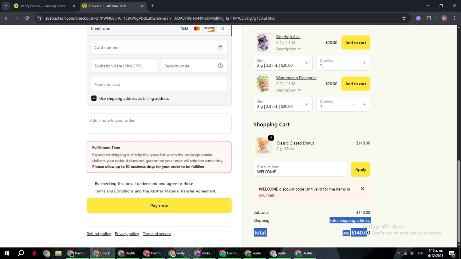 Abstrax Tech discount code screenshot showing code WELCOME applied at Abstrax Tech checkout page. Uploaded by SimplyCodes community member DiscountPioneer2554 on Dec 6, 2025