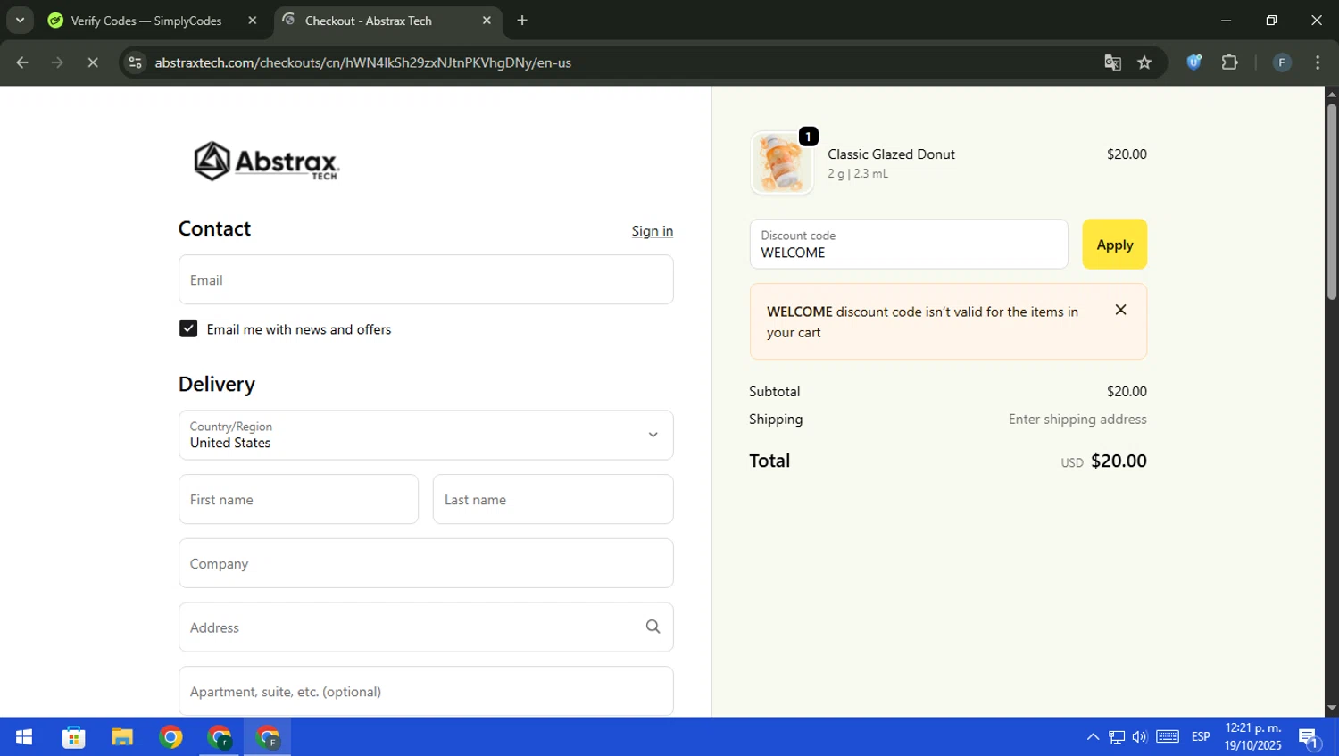 Abstrax Tech discount code screenshot showing code WELCOME applied at Abstrax Tech checkout page. Uploaded by SimplyCodes community member pajarito on Oct 19, 2025