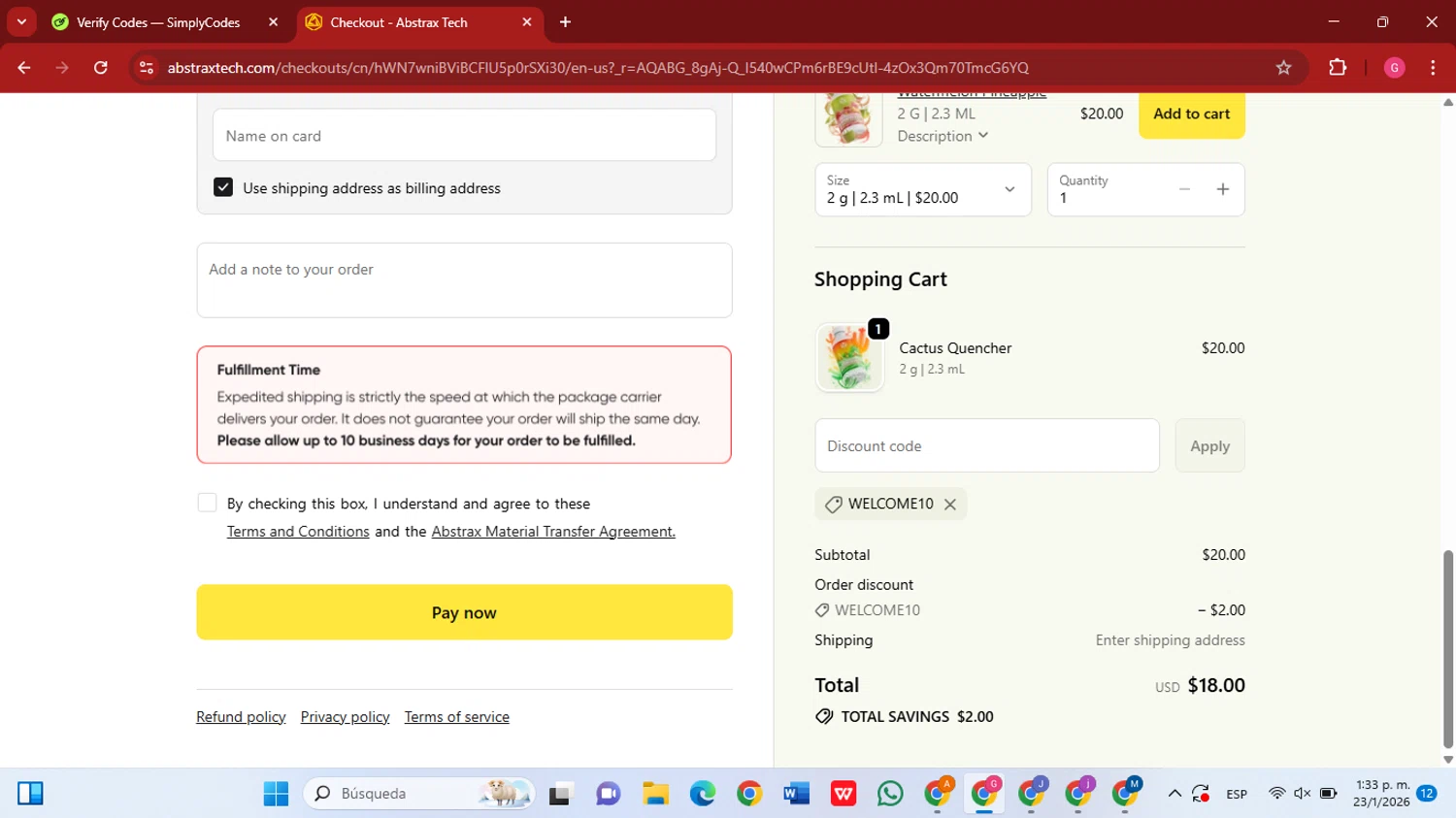 Abstrax Tech checkout page showing Abstrax Tech discount code box | Screenshot taken by SimplyCodes community member on Jan 23, 2026