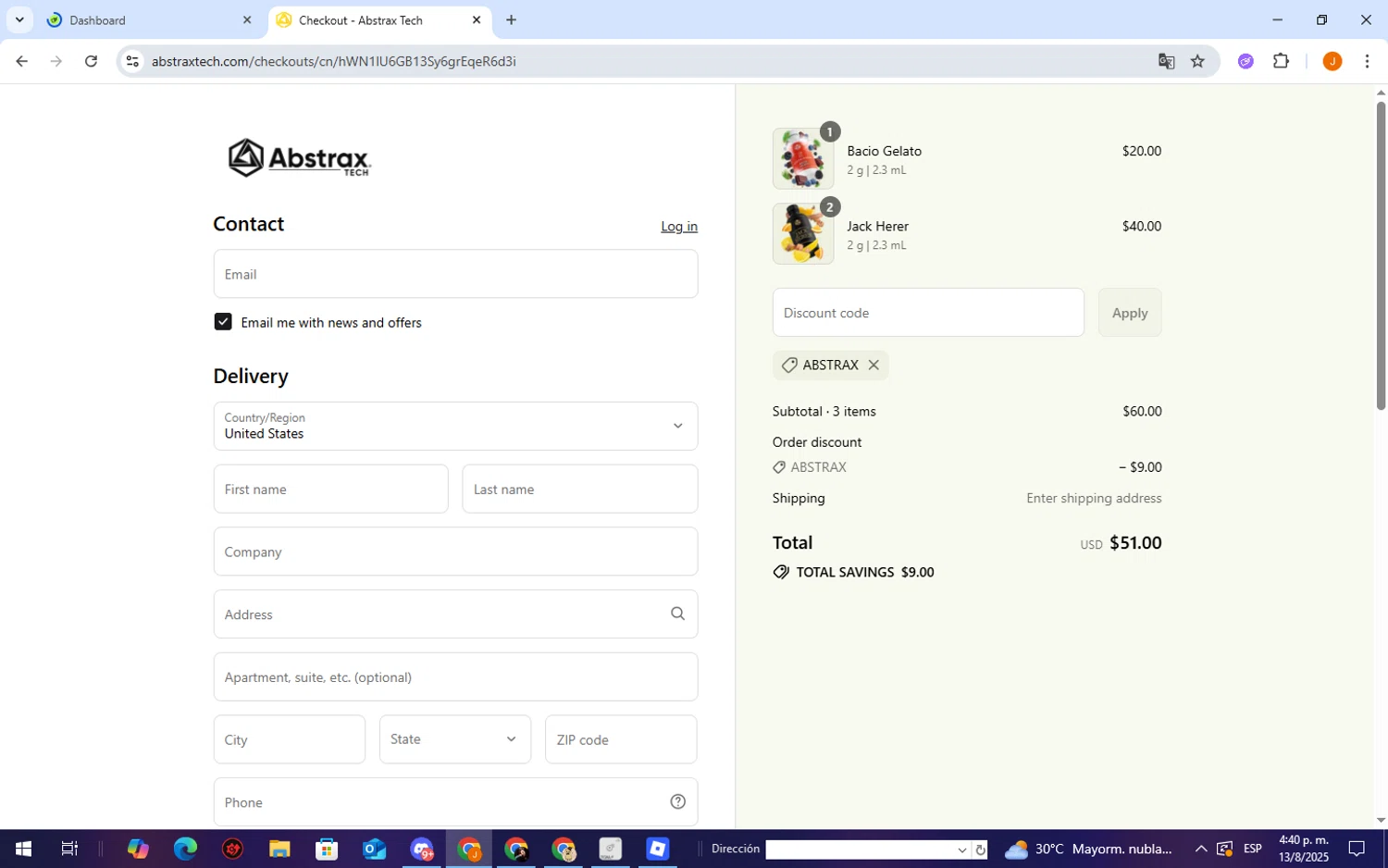 Abstrax Tech discount code screenshot showing code Abstrax applied at Abstrax Tech checkout page. Uploaded by SimplyCodes community member TheCreature on Aug 13, 2025