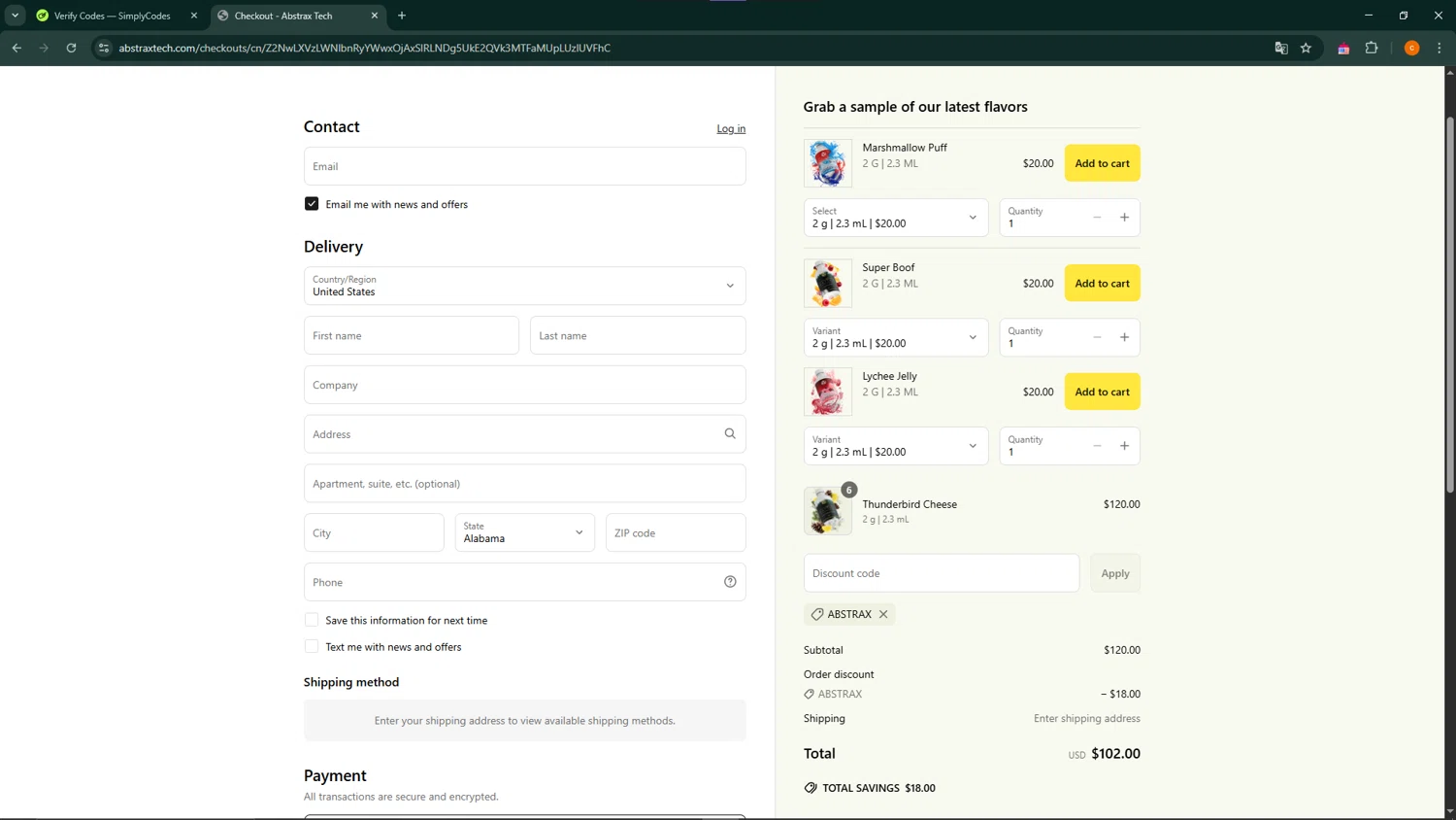 Abstrax Tech discount code screenshot showing code Abstrax applied at Abstrax Tech checkout page. Uploaded by SimplyCodes community member ShrewdCaptain9911 on May 6, 2025