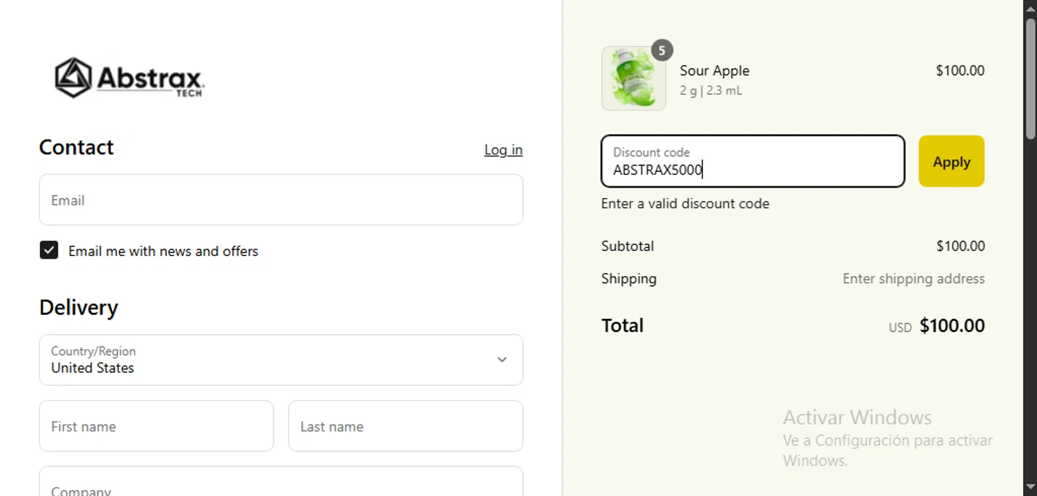 Abstrax Tech discount code screenshot showing code ABSTRAX5000 applied at Abstrax Tech checkout page. Uploaded by SimplyCodes community member CouponSaver4196 on Sep 4, 2025