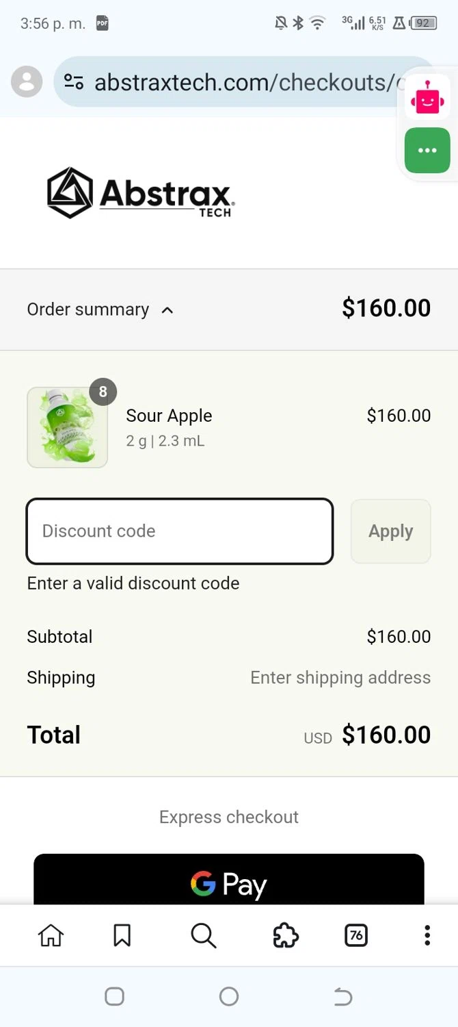 Abstrax Tech discount code screenshot showing code ABSTRAX5000 applied at Abstrax Tech checkout page. Uploaded by SimplyCodes community member GoldPilot4017 on Sep 4, 2025