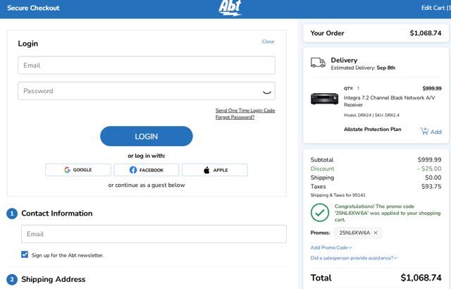Abt Electronics checkout page showing Abt Electronics promo code box | Screenshot taken by SimplyCodes community member on Sep 1, 2025