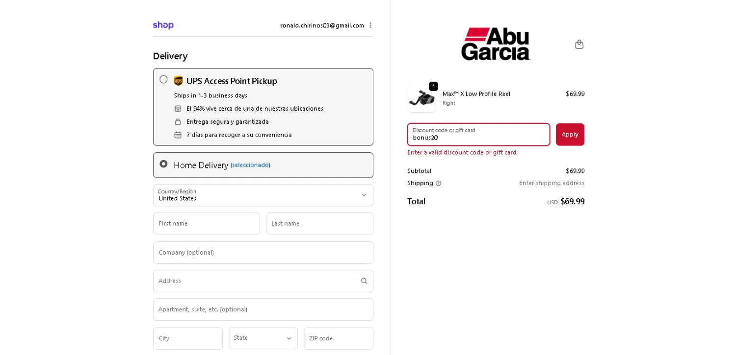 Abu Garcia promo code screenshot showing code bonus20 applied at Abu Garcia checkout page. Uploaded by SimplyCodes community member BrilliantTitan7739 on Dec 21, 2025