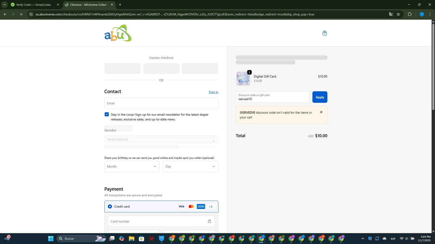 ABUniverse discount code screenshot showing code iserved10 applied at ABUniverse checkout page. Uploaded by SimplyCodes community member RewardVoyager146 on Nov 7, 2025