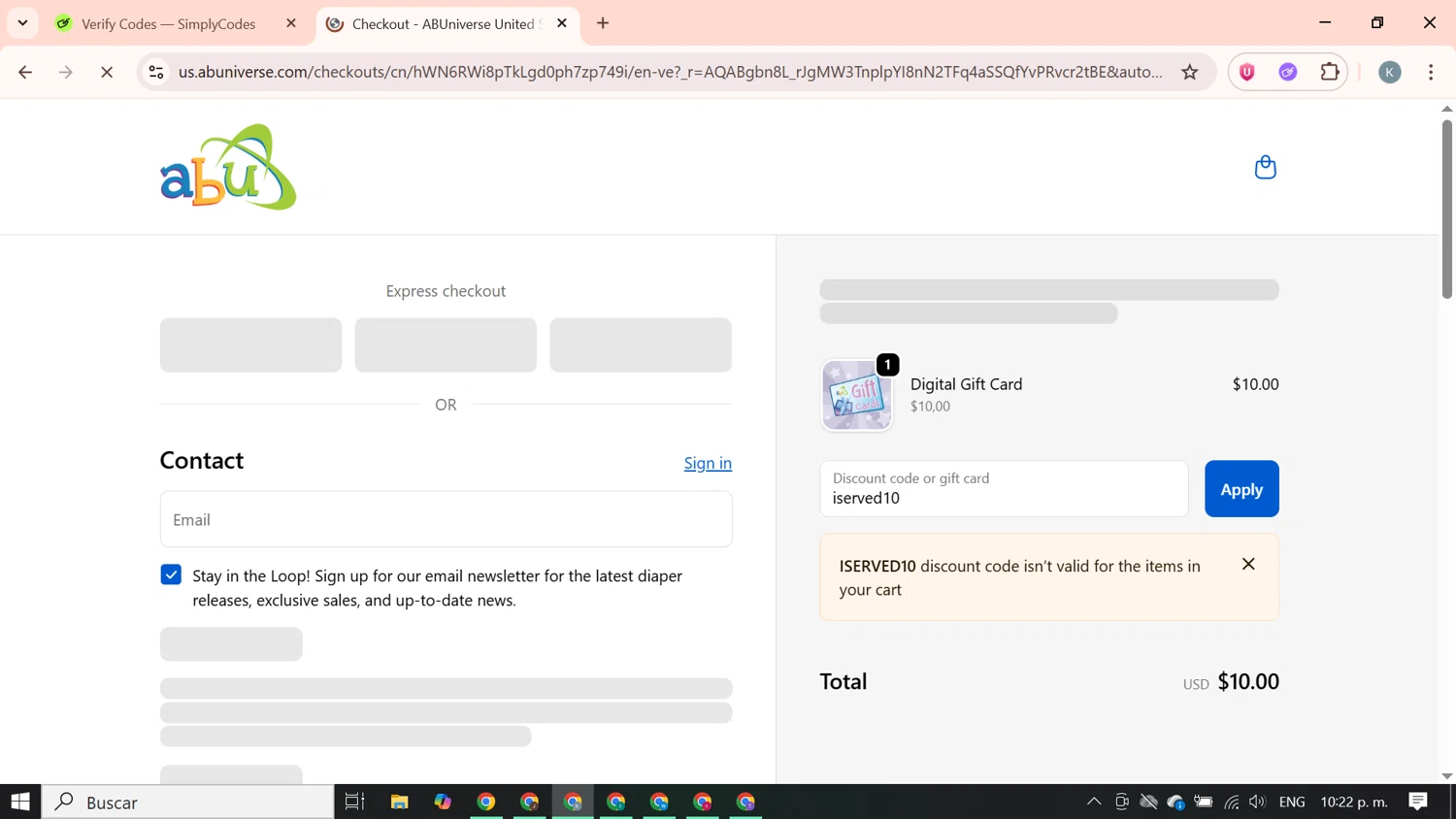 ABUniverse discount code screenshot showing code iserved10 applied at ABUniverse checkout page. Uploaded by SimplyCodes community member SavingsBoss9912 on Dec 15, 2025