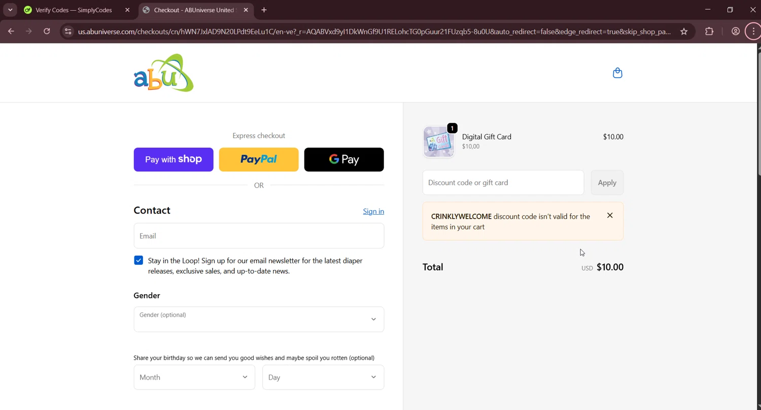 ABUniverse checkout page showing ABUniverse discount code box | Screenshot taken by SimplyCodes community member on Jan 7, 2026