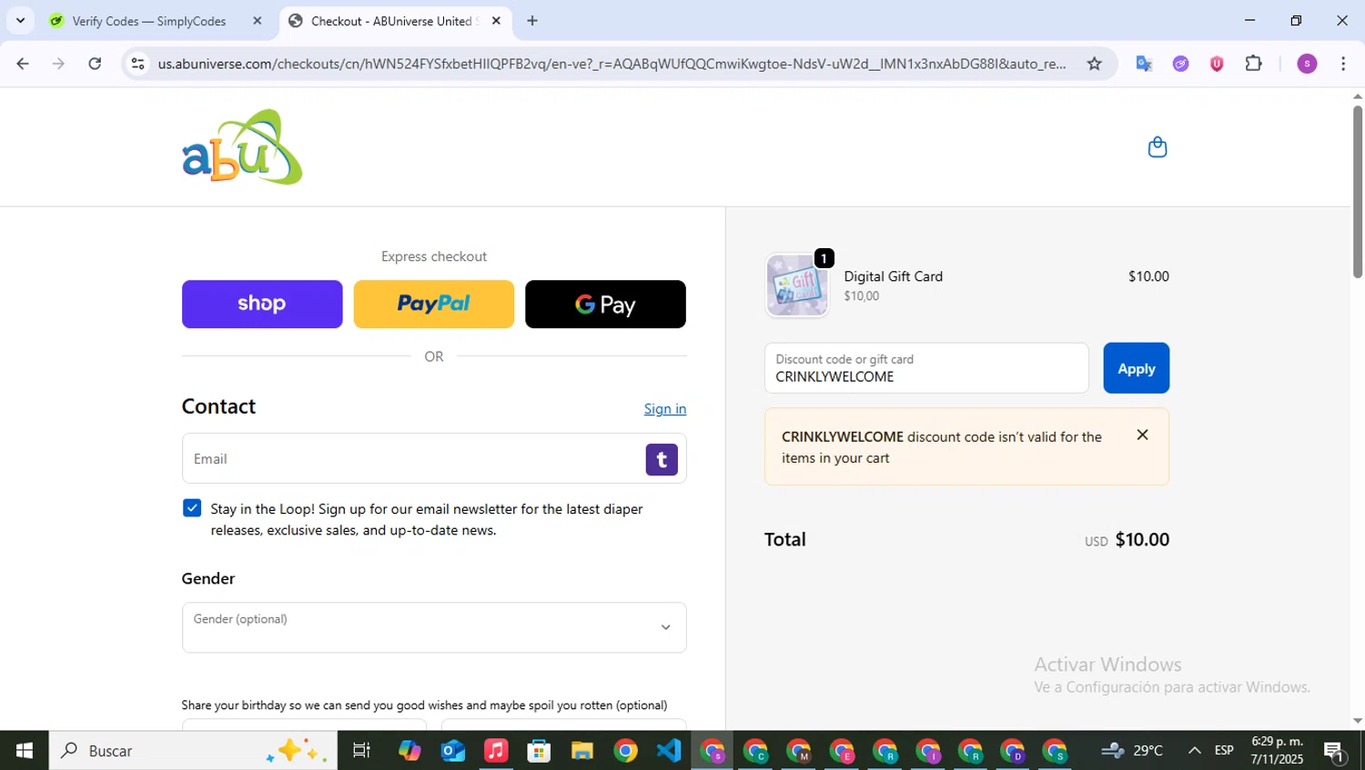 ABUniverse discount code screenshot showing code CRINKLYWELCOME applied at ABUniverse checkout page. Uploaded by SimplyCodes community member WonderPioneer5062 on Nov 7, 2025
